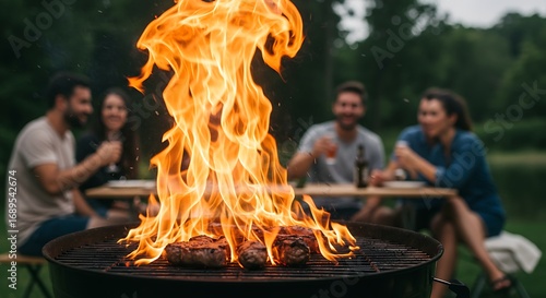 Friends enjoying a barbecue with a large bonfire.