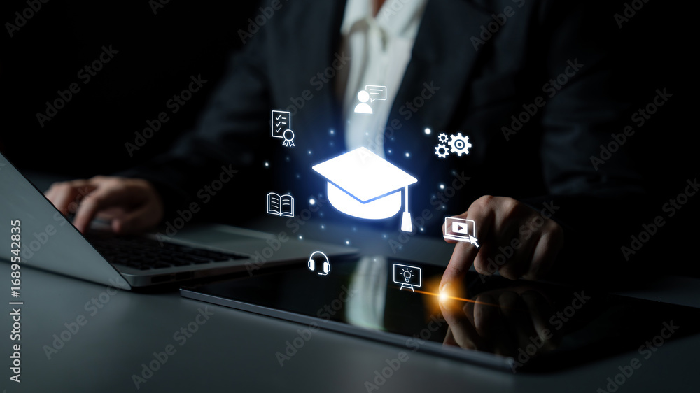 Naklejka premium Cloud computing, cloud strategy, and cloud technology transforming digital infrastructure with scalable services, secure data storage, and cloud-based digital business solutions. Spline