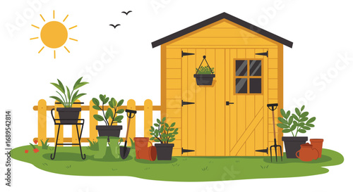 a cozy garden shed surrounded by plants tools and sunny weather