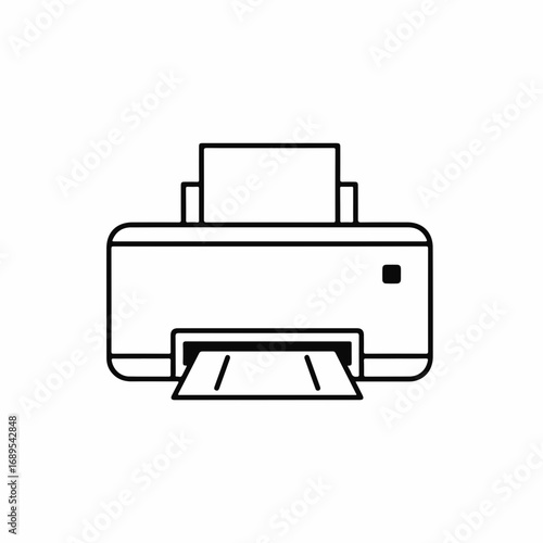 Simple line printer icon depicting office equipment for printing documents. Line printer design illustration of device connected to computer for printing papers, reports, or text,