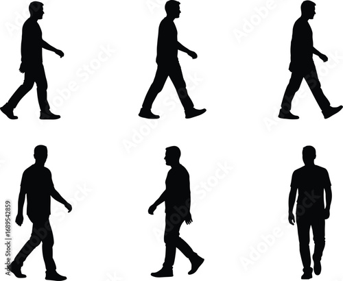 Silhouette of walking man, side and front view, isolated black figures on white background, cad drawing flat vector illustration, motion sequence