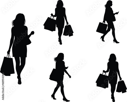 Silhouette of women shopping carrying bags, stylish female shoppers walking, retail fashion flat vector illustration, cad drawing design, elegant modern lifestyle artwork
