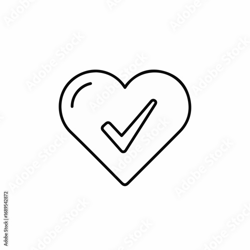 Heart check mark icon in black and white, showing approval and positive choice. Heart check mark in simple outline style represents confirmation, acceptance and healthy choice.