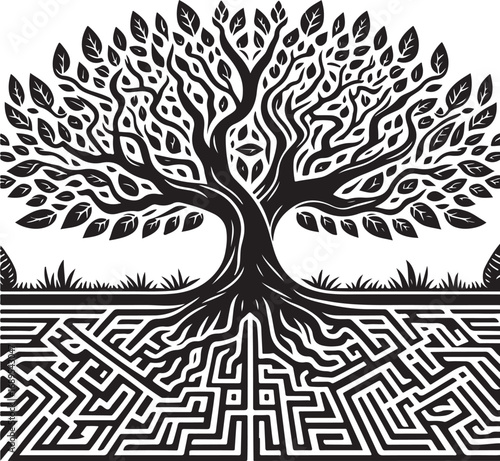 Intricate Tree of Life with Maze Roots Symbolizing Complexity and Growth