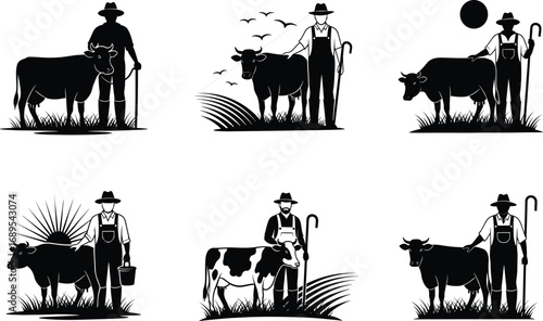 Farmer with cow silhouette, agriculture livestock farming, rural countryside lifestyle, cattle care illustration, village farmland scene, cad drawing flat vector illustration