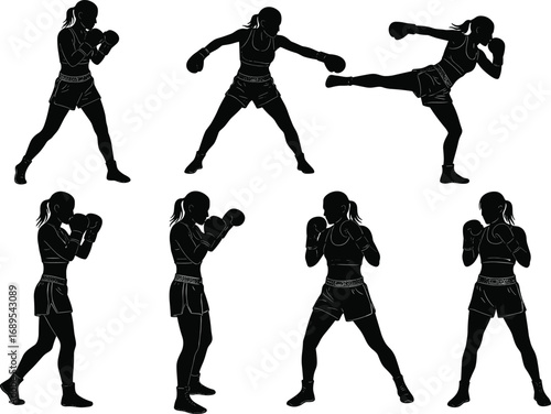 Silhouette female boxer training, boxing stance, punching, kicking, martial arts poses, fitness workout, combat sport illustration, cad drawing flat vector illustration