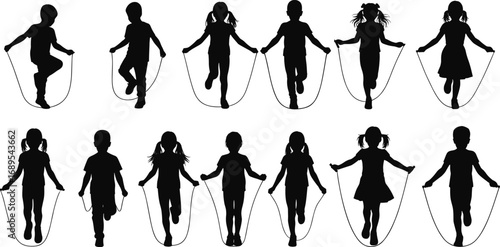 Silhouettes of children jumping rope, kids exercising outdoors, active play, healthy lifestyle, skipping rope, childhood fun, teamwork, fitness, kids sports