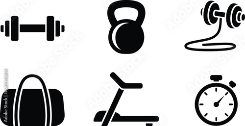 Fitness and gym icons set including dumbbell, kettlebell, jump rope, gym bag, treadmill, and stopwatch for workout motivation.