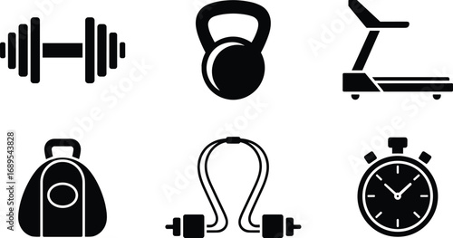 Fitness equipment icons including dumbbell, kettlebell, treadmill, weighted vest, jump rope, stopwatch, gym workout tools, training gear essentials.