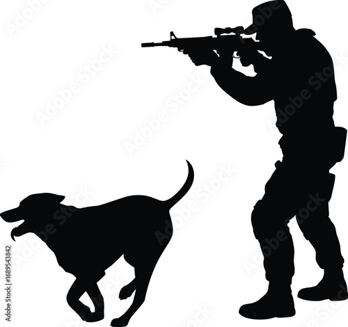 Silhouette soldier with rifle and military dog in action, tactical teamwork, law enforcement operation, security patrol, cad drawing flat vector illustration