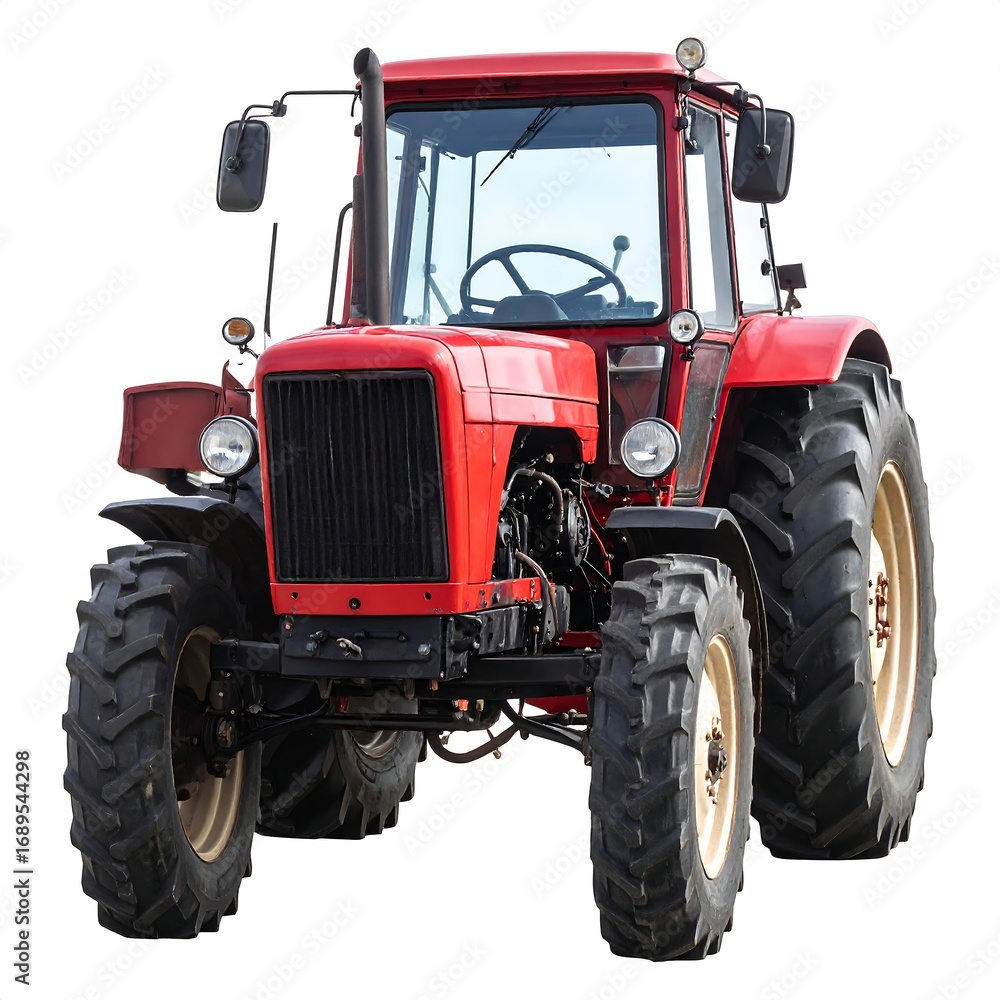 Obraz premium Red vintage tractor, front view