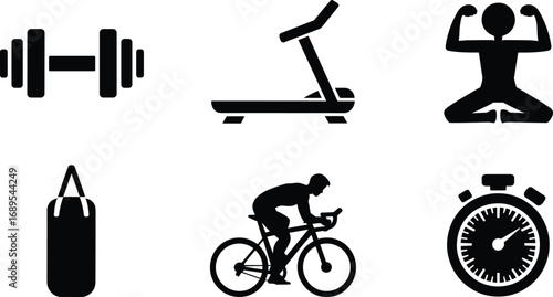 Fitness icons set for gym, workout, cardio, strength training, cycling, boxing, stopwatch, treadmill, health, exercise and wellness design.