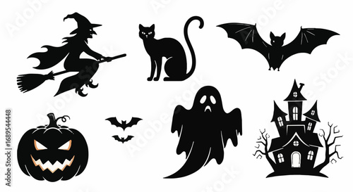 Halloween Silhouettes Vector Set: Spooky Witch, Black Cat, Flying Bats, Scary Ghost, Jack-o'-lantern Pumpkin, Haunted House