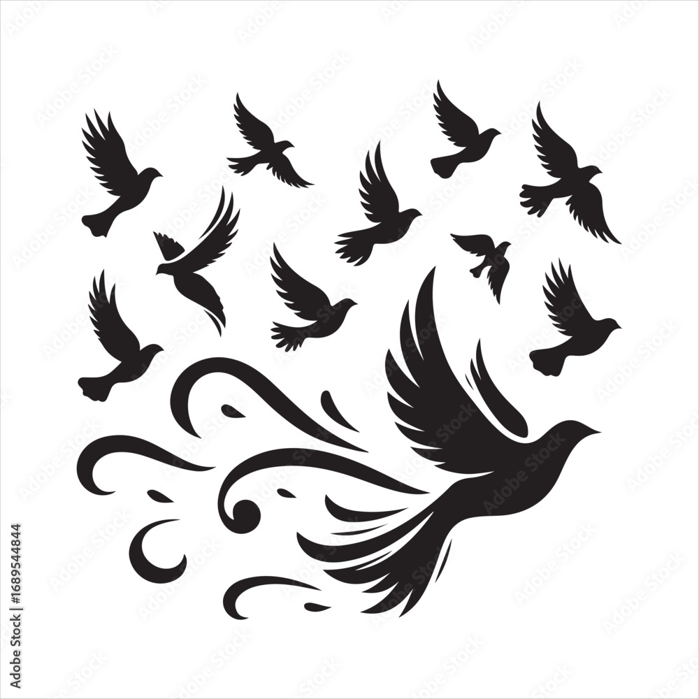 Obraz premium flying birds vector silhouette outline idea design illustration. flying birds icon set collections