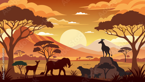 african safari animal silhouette landscape scene