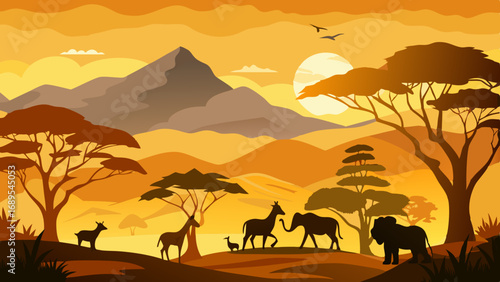 african safari animal silhouette landscape scene