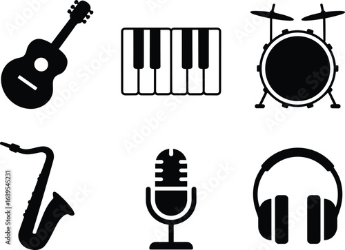 Music icons set with guitar, piano keys, drum, saxophone, microphone, headphones, sound equipment, musical instruments, audio, entertainment, music technology.