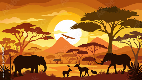 african safari animal silhouette landscape scene