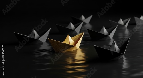 Golden Paper Boat Leads Dark Fleet Across Still Water in Leadership Concept