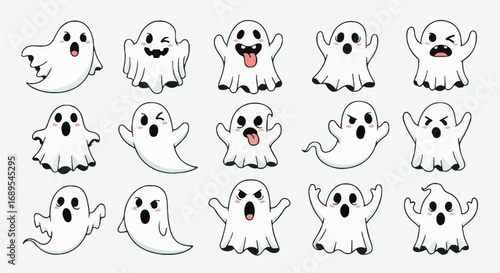 Cute Cartoon Ghost Collection, Halloween Spooky Character Set with Various Expressions. Adorable Vector Illustration for Party Assets.