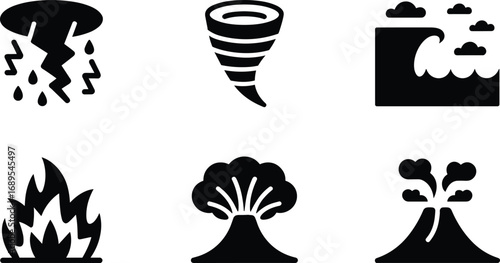 Natural disaster icons including storm, tornado, tsunami, wildfire, volcano eruption, earthquake, emergency danger signs, perfect for weather alert design.