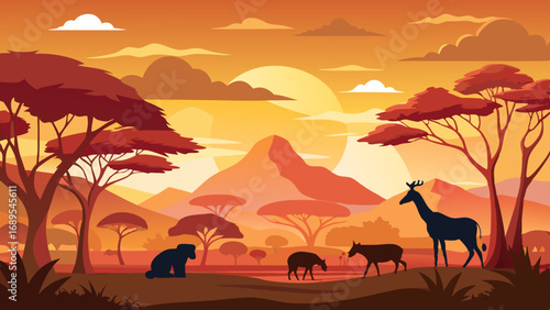 african safari animal silhouette landscape scene