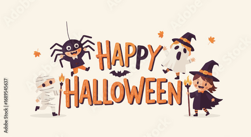 Happy Halloween banner with cute cartoon characters: mummy, ghost, witch, and spider illustration for holiday celebration