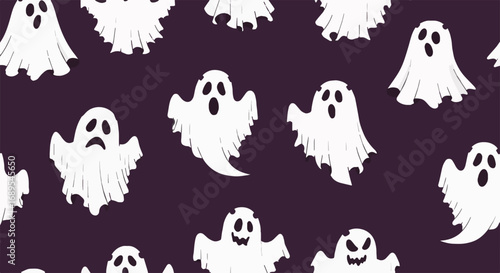 Seamless Halloween pattern with cute and spooky cartoon ghosts on a dark background, perfect for festive designs and assets