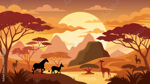 african safari animal silhouette landscape scene