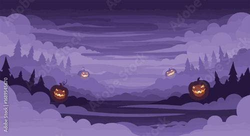 Spooky Halloween Night Landscape with Glowing Jack-o'-Lanterns in Misty Purple Forest