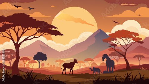 african safari animal silhouette landscape scene