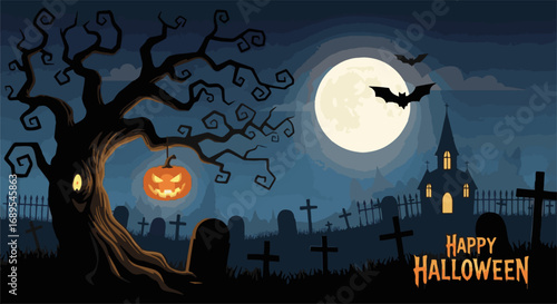 Eerie Halloween night scene: full moon, haunted cemetery, spooky tree with glowing jack-o'-lantern, and flying bats. Festive background.