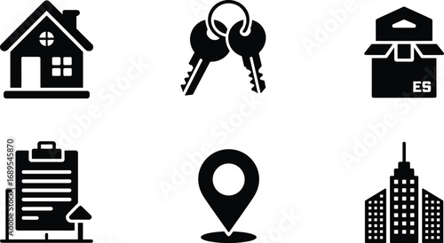 Real estate icons set, house, keys, property contract, location pin, moving box, city building, rent, home purchase, vector illustration