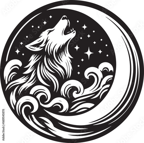 Mystical Wolf Howling at Crescent Moon Under Starry Night Sky