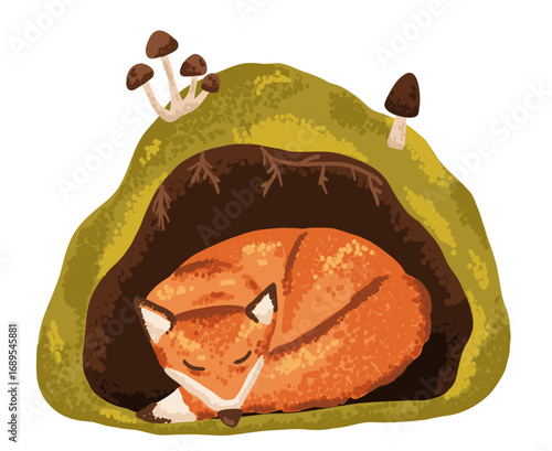 Cute fox sleeping in underground den. Animal hole home in forest drawn in flat style