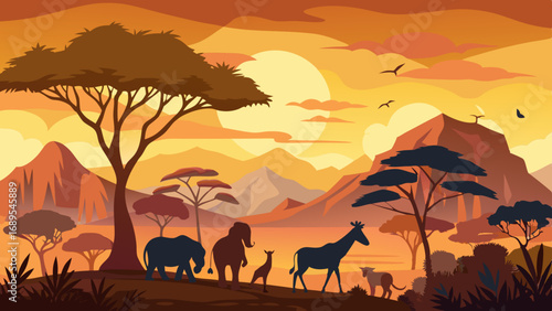 african safari animal silhouette landscape scene