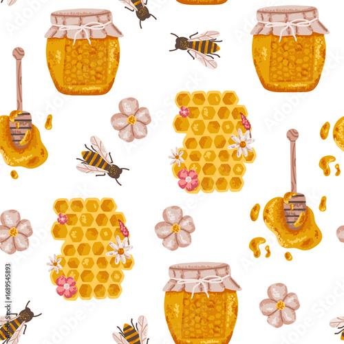 Seamless pattern of honey jar, dipper, and bee in flat style