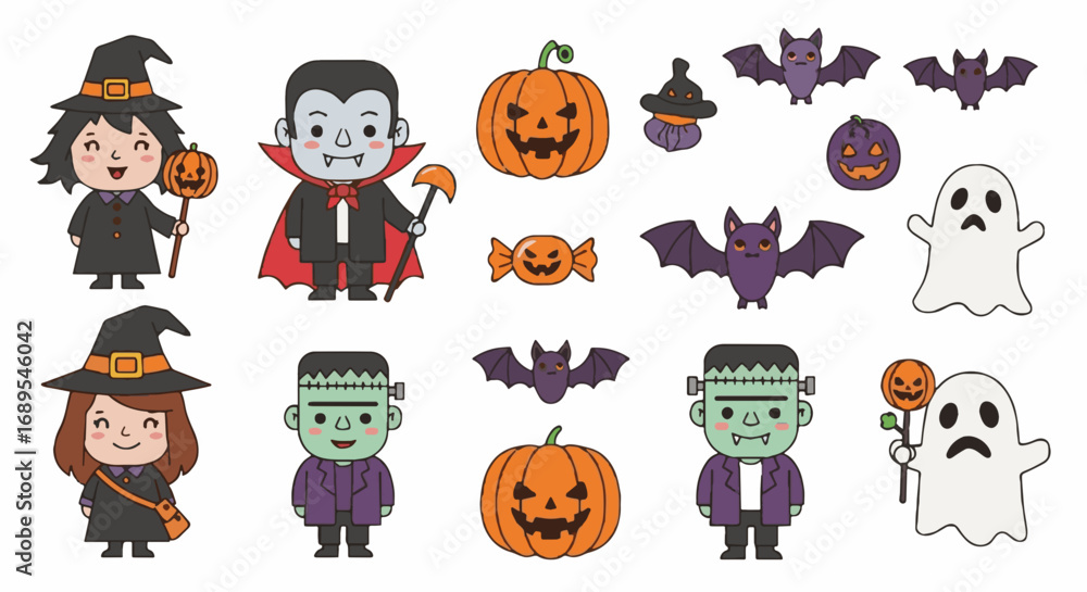 Obraz premium Adorable Halloween Vector Graphics Collection: Cute Cartoon Characters, Pumpkins, Bats, Ghosts & Spooky Elements Set
