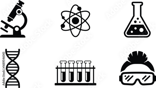 Science icons collection, microscope, atom model, flask, DNA strand, test tubes, scientist with goggles, laboratory, research, biology, chemistry, experiment, technology.