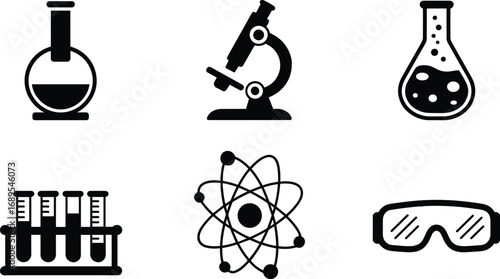 Science laboratory icons, microscope, test tubes, beaker, atom symbol, chemistry glassware, lab goggles, scientific research, experiment, biology, chemistry, science tools.