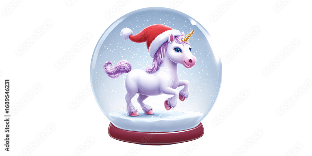 Obraz premium Festive Unicorn in Snow Globe with Santa Hat, a whimsical Christmas and New Years holiday decoration, spreading joy and magic