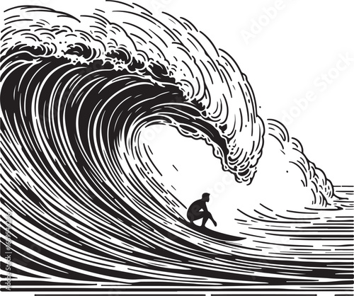 Silhouette Surfer Rides Majestic Ocean Barrel Wave Art Illustration