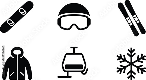 Ski and snowboard equipment vector, winter sport icons, snowflake, ski lift, helmet goggles, ski jacket, black silhouette illustration