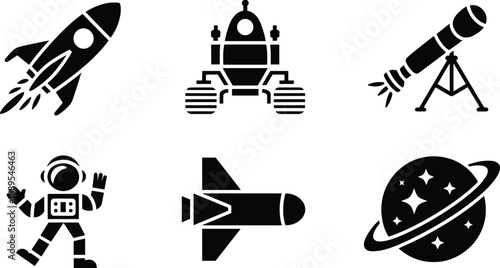 Space exploration icons vector, rocket, astronaut, telescope, rover, planet, spaceship, astronomy, galaxy, universe, science, future, technology, cosmos