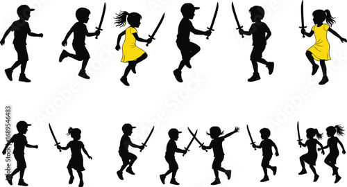 Silhouettes of children playing sword fight, kids running with toy swords, imaginative play, outdoor fun, childhood adventure, active kids, teamwork game