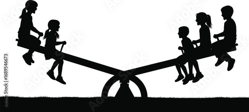 Silhouettes of children playing on a seesaw, kids enjoying playground, outdoor fun, teamwork, balancing game, active childhood, joyful moments, friendship