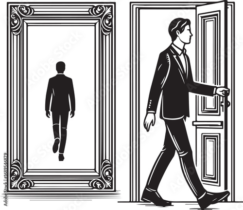 Man Walking Through a Doorway Towards a New Beginning Reflected in a Picture Frame