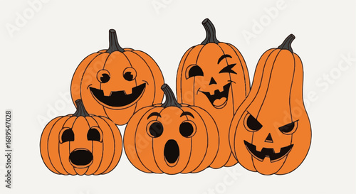 Cartoon Halloween Pumpkins with Funny and Spooky Carved Faces. Set of Expressive Jack-o'-Lanterns for Holiday Designs and Decorations.