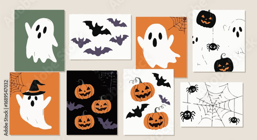 Halloween graphic assets bundle featuring cute ghosts, carved pumpkins, flying bats, and spooky spiderwebs. Perfect for spooky season designs.
