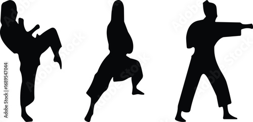 Silhouette collection of martial arts poses, karate and kung fu stances, self defense training figures, combat sport icons, CAD drawing flat vector illustration